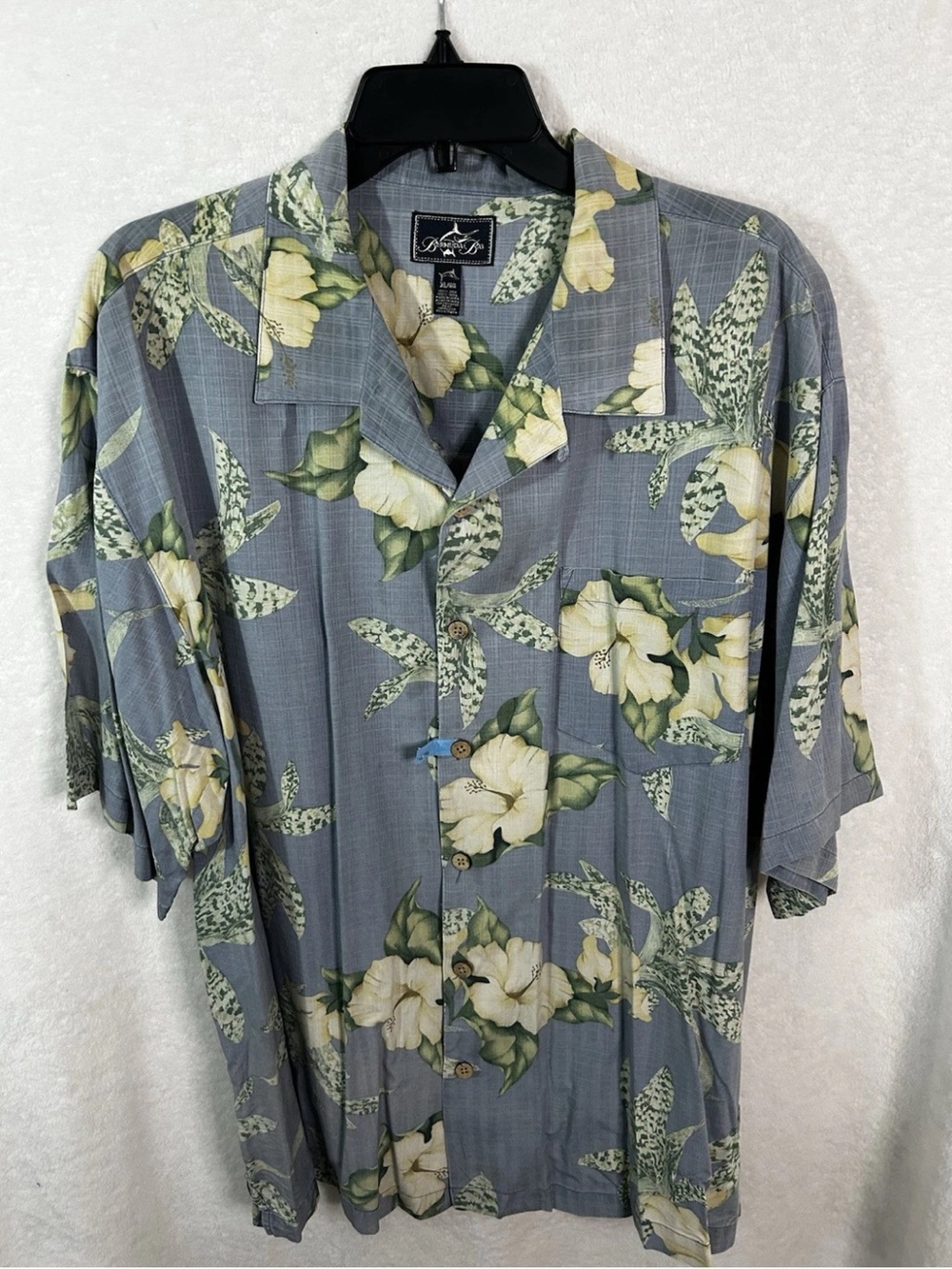 Bermuda Bay Hawaiian Floral Hibiscus Camp Silk Shirt Short Sleeve Blue Sz XL